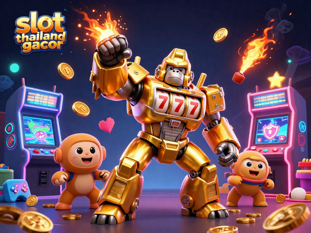 Spin the reels with slot thailand gacor as the golden gorilla mech strikes, surrounded by dynamic gaming elements.