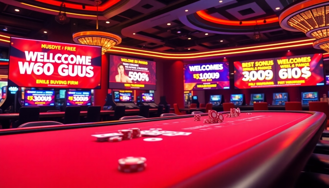 Explore top welcome bonuses in a vibrant online casino setting with exciting gaming visuals.