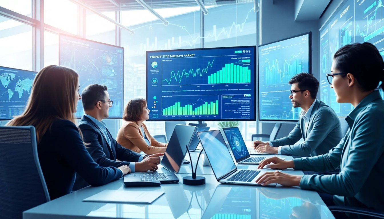 AI for competitive intelligence showcased in a collaborative digital workspace with analytics on screens.