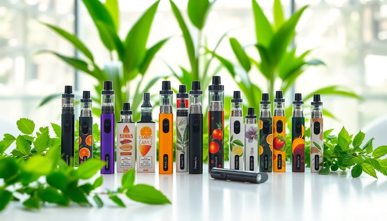 Showcasing an array of disposable vapes elegantly positioned to emphasize variety and colorful packaging.