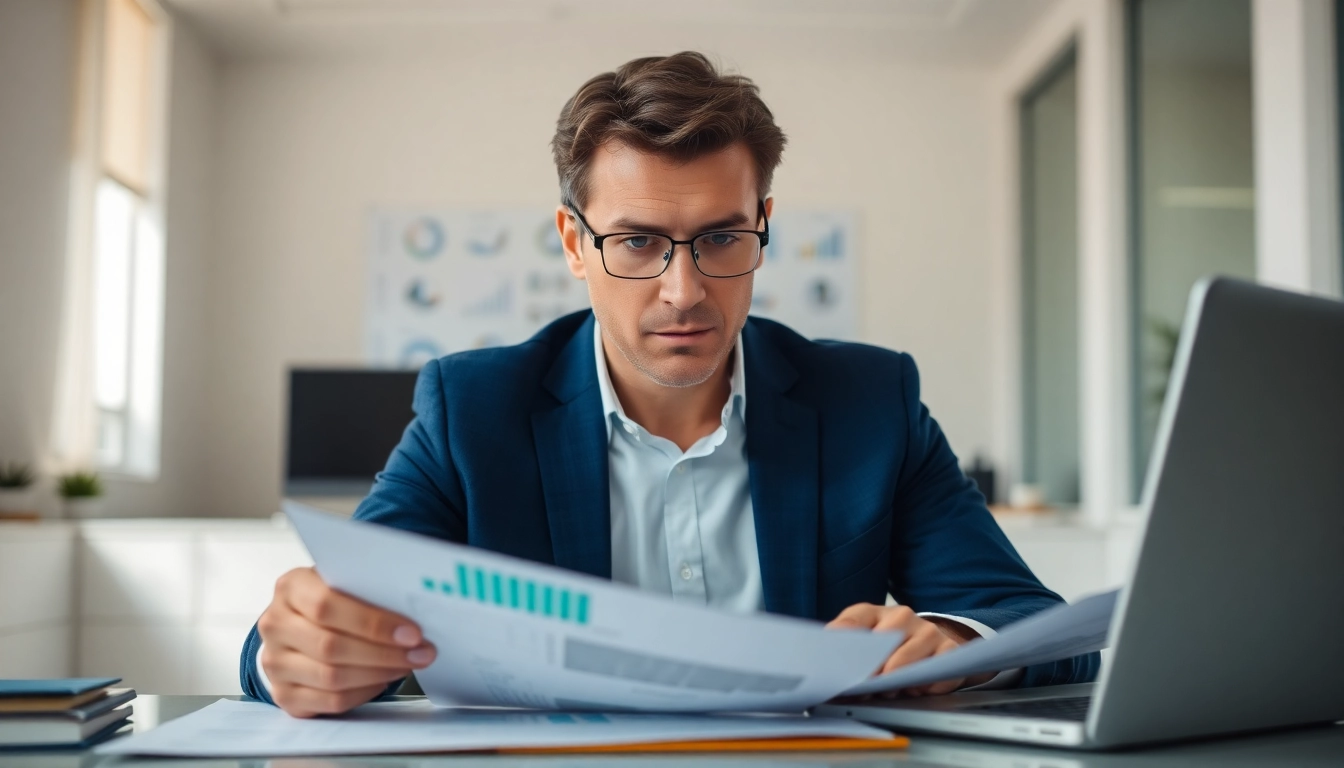 SMSF auditor reviewing financial records in a modern office setting.