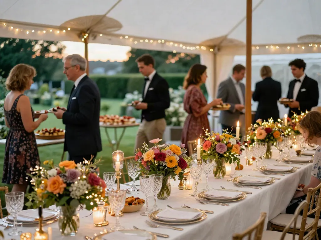 Event rentals for sophisticated outdoor gatherings with lavish dining setups and festive ambiance.