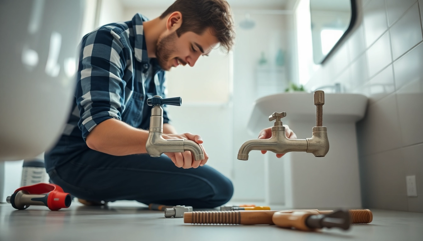 Bristol plumber repairing a faucet in a bright, modern bathroom setting.
