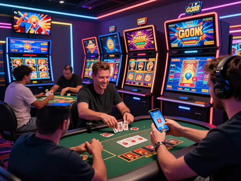 Engaged players enjoying the Go88 online gambling experience in a vibrant digital casino atmosphere with colorful games.