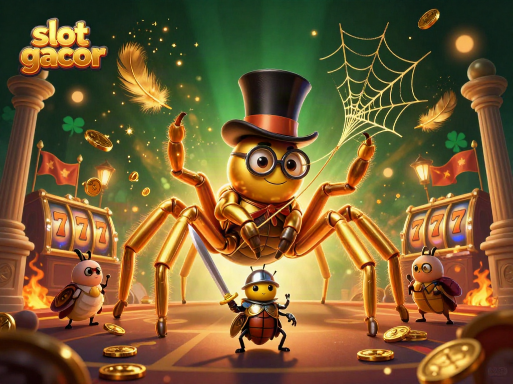 Engage with slot gacor in a vibrant 3D scene of a golden tarantula weaving luck amidst casino symbols.