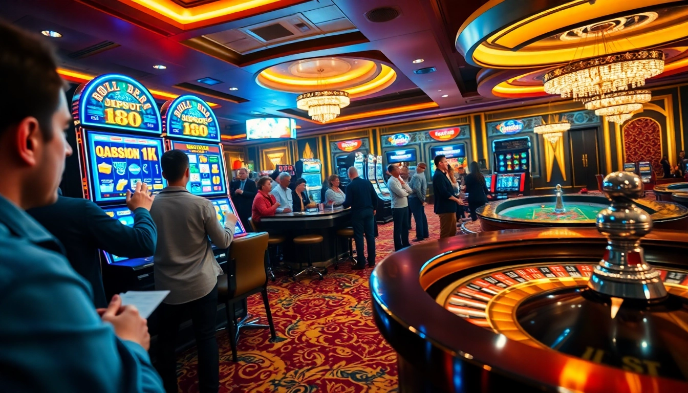 Adegan seru di kasino saat para pemain menikmati permainan slot deposit 1K dan merayakan jackpot.