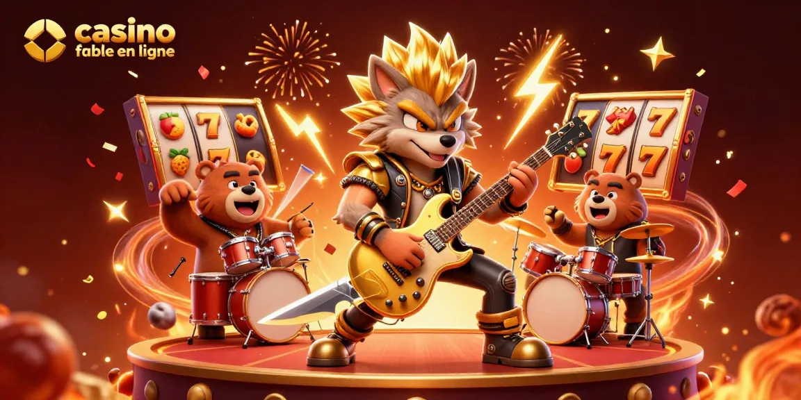 Profitez d'une illustration dynamique de casino fiable en ligne avec un loup rock star et un ours batteur sur scène.