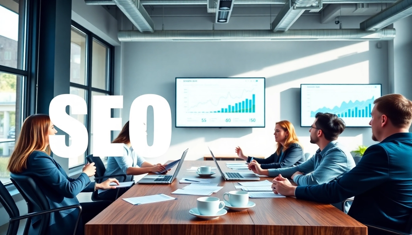 Rankingo strategia SEO w nowoczesnym biurze, z zespołem analityków.