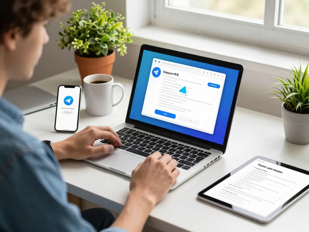 Engaging tech workspace demonstrating the Telegram 中文 interface on laptop, conveying connectivity and productivity.