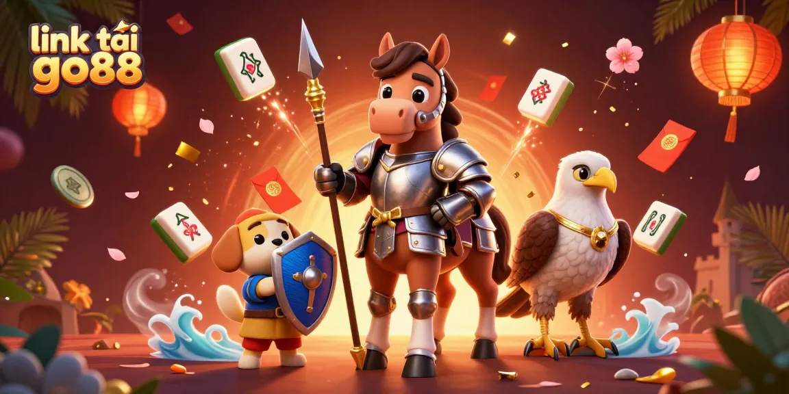 Engage with link tải go88 in this vibrant 3D casino scene featuring a medieval knight, squire puppy, and falcon.