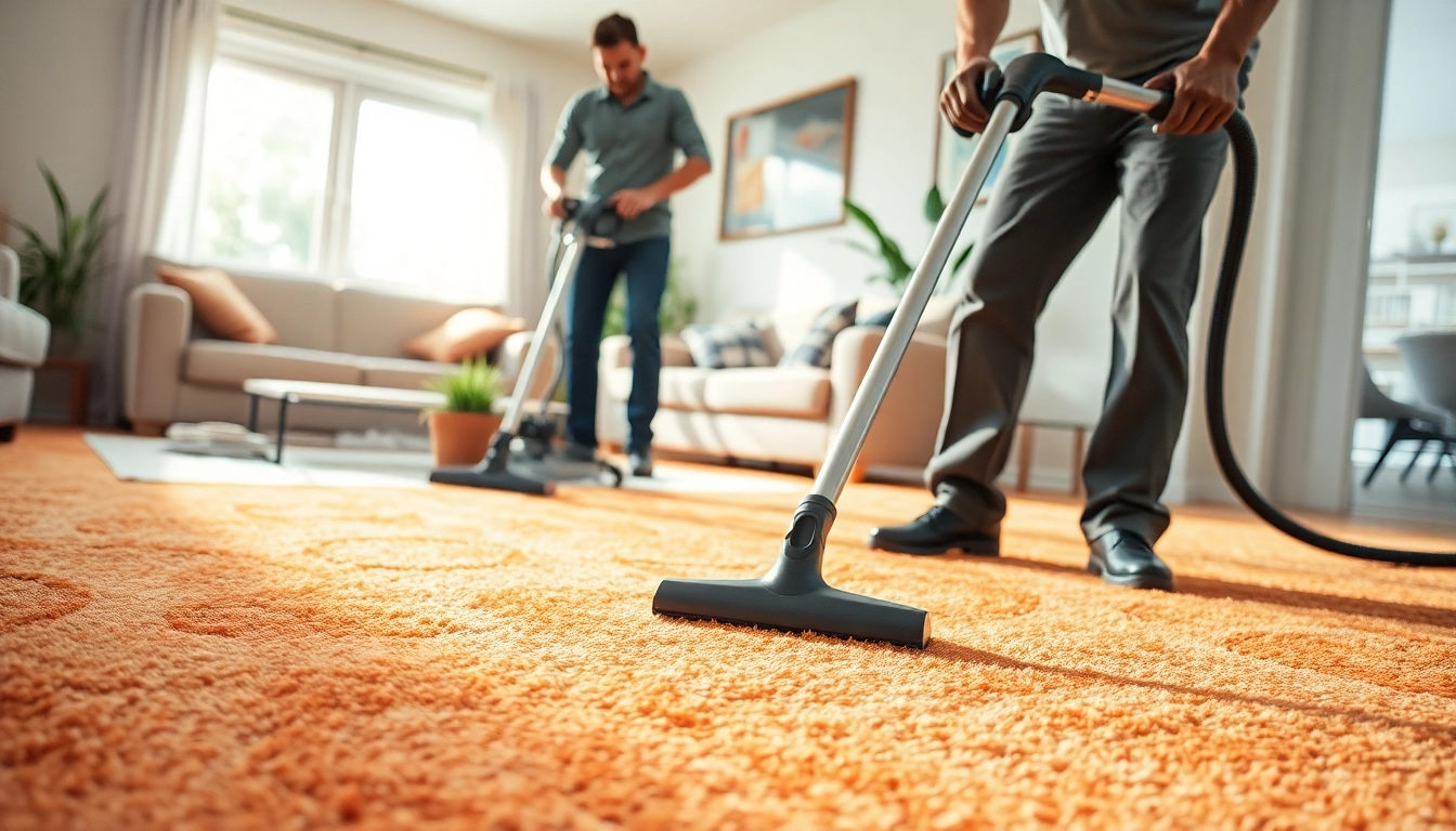 Carpet cleaning business team efficiently cleaning a vibrant carpet in a sunlit living room.