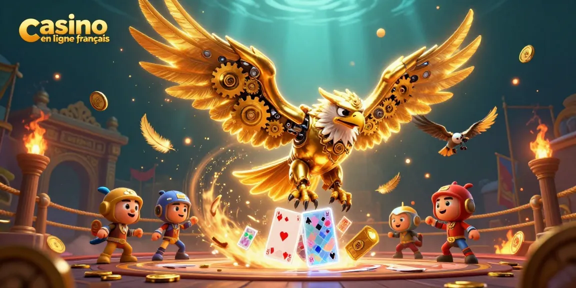 Jeux captivants dans un casino en ligne français avec un aigle doré et des cartes holographiques.