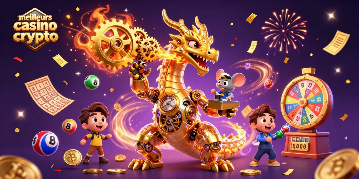 Jouer dans les meilleurs casinos crypto avec un dragon mécanique et des éléments de loterie colorés.