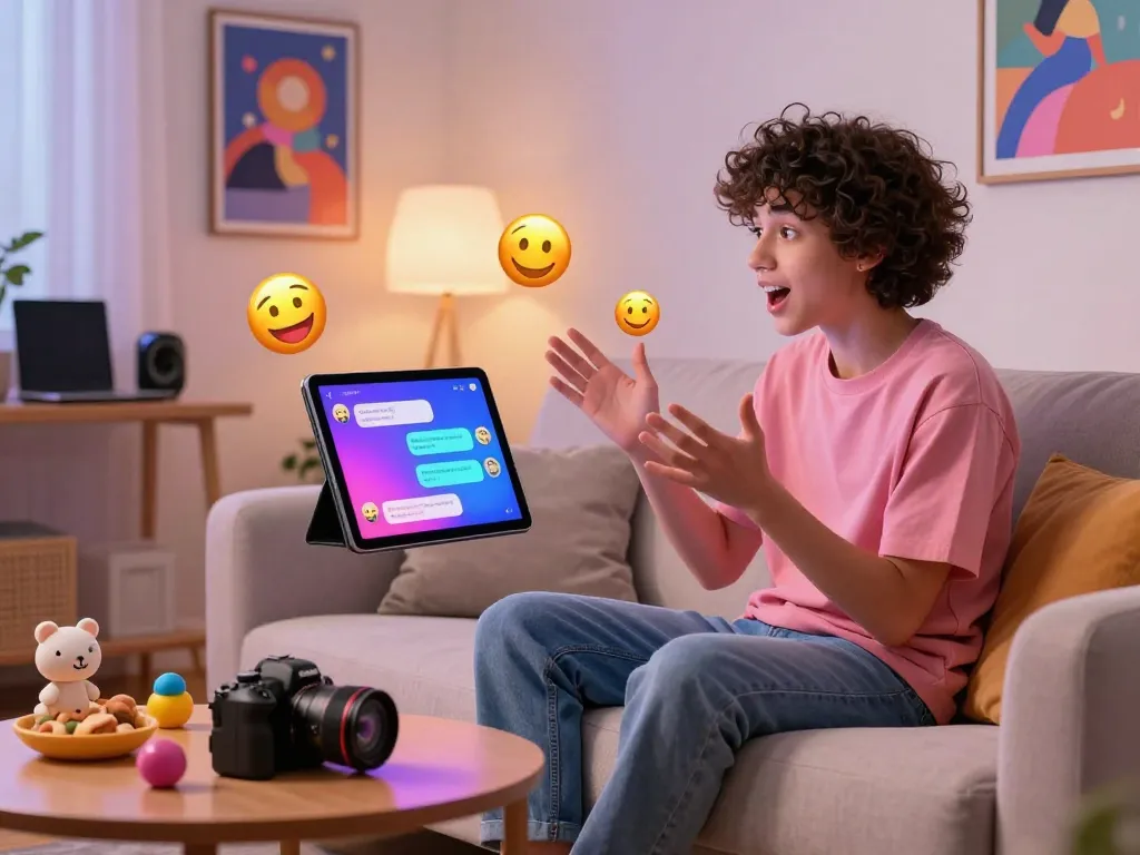 Engaging chat with an ai slut character on a tablet in a cozy, tech-savvy environment.