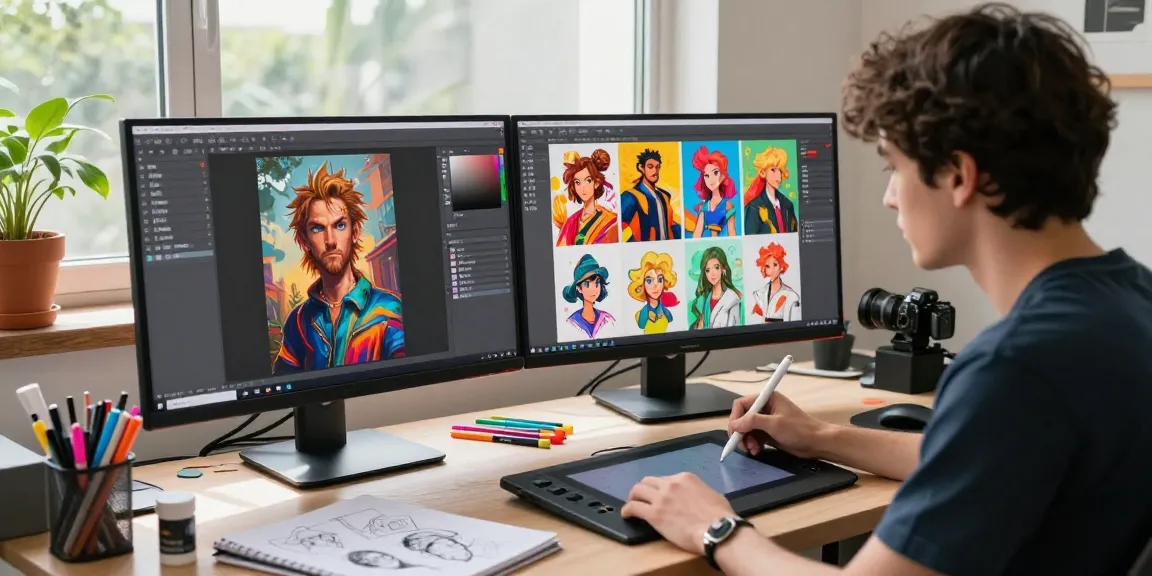 Artist creating NSFW AI art in a modern digital studio, showing art supplies and dual screens.