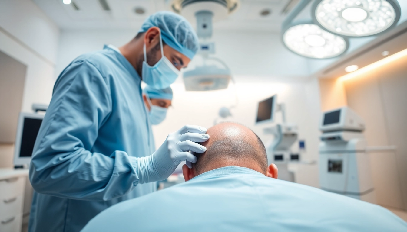 Skilled surgeon performing a hair transplant uk procedure in a modern clinic setting.