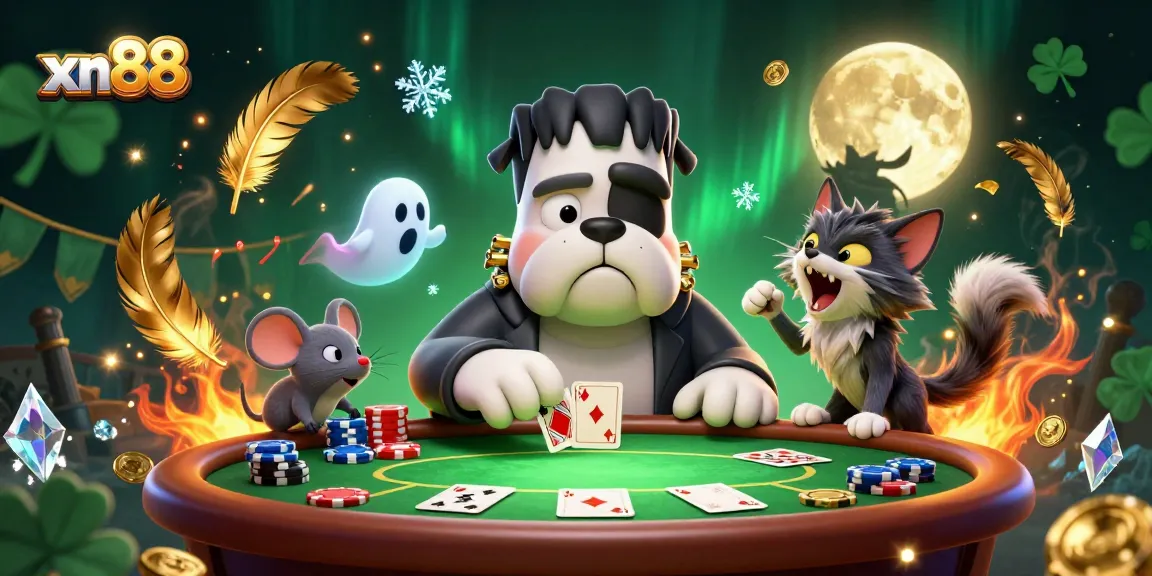 Engage in thrilling gameplay with xn88 as a Frankenstein bulldog deals cards at a poker table.