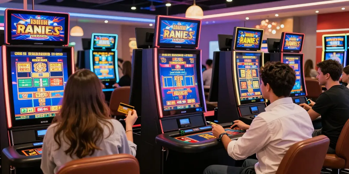 Players engaging in thrilling online gaming at credit card casinos, making deposits with Visa and Mastercard in a lively casino atmosphere.