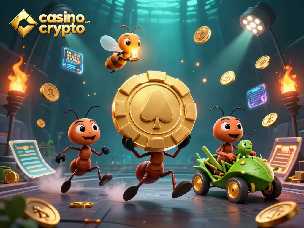 Gioca nel casino con crypto immerse in un'illustrazione 3D vivace, con monete e trofei volanti.