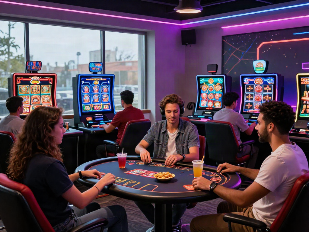 Exciting friends engaging in casino online games at a modern virtual casino setup with colorful screens and inviting atmosphere.