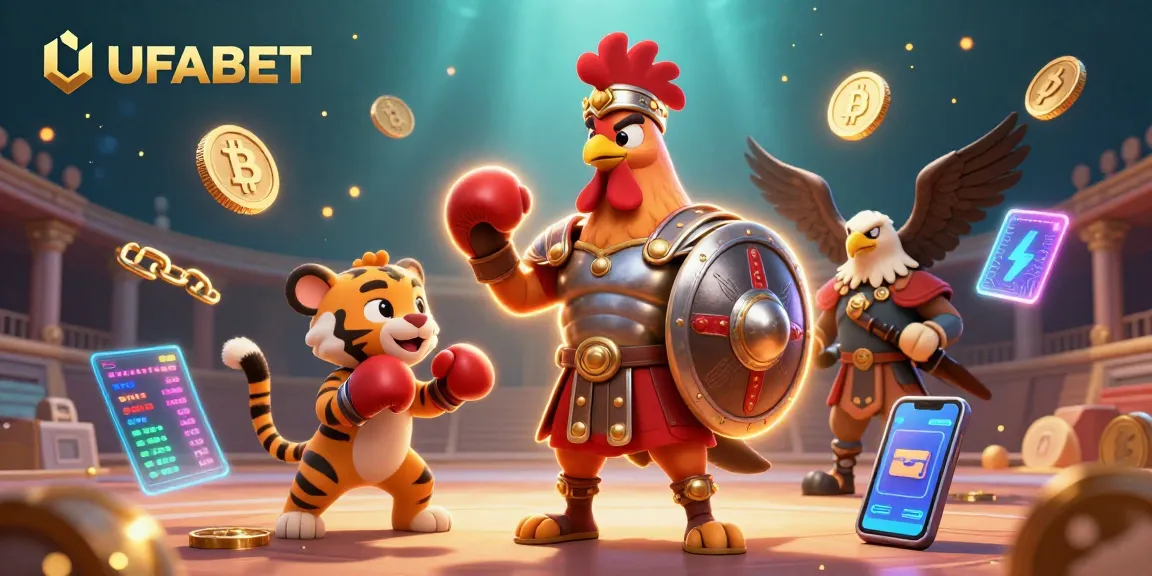Place bets at UFABET with a captivating 3D illustration showcasing a gladiator rooster and vibrant casino elements.