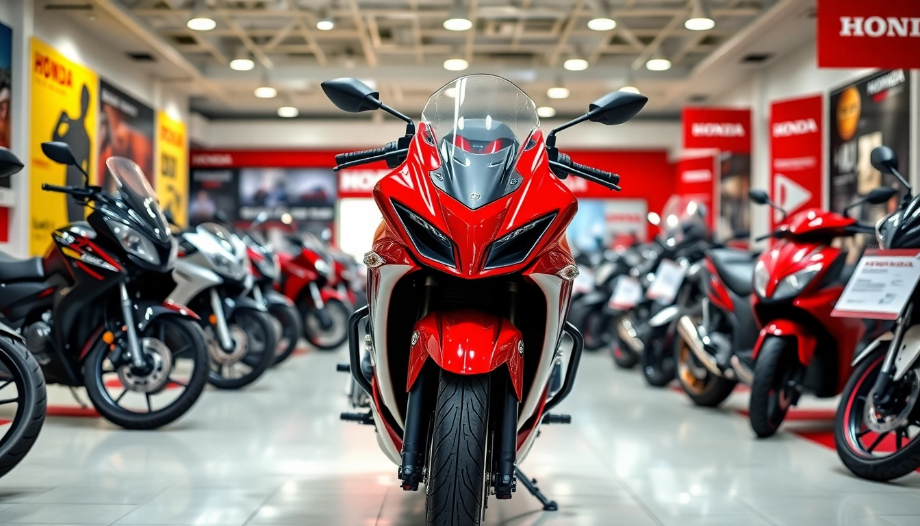 Motorrad fröhlich präsentiert eine lebendige Auswahl an Honda-Motorrädern in einem einladenden Showroom.
