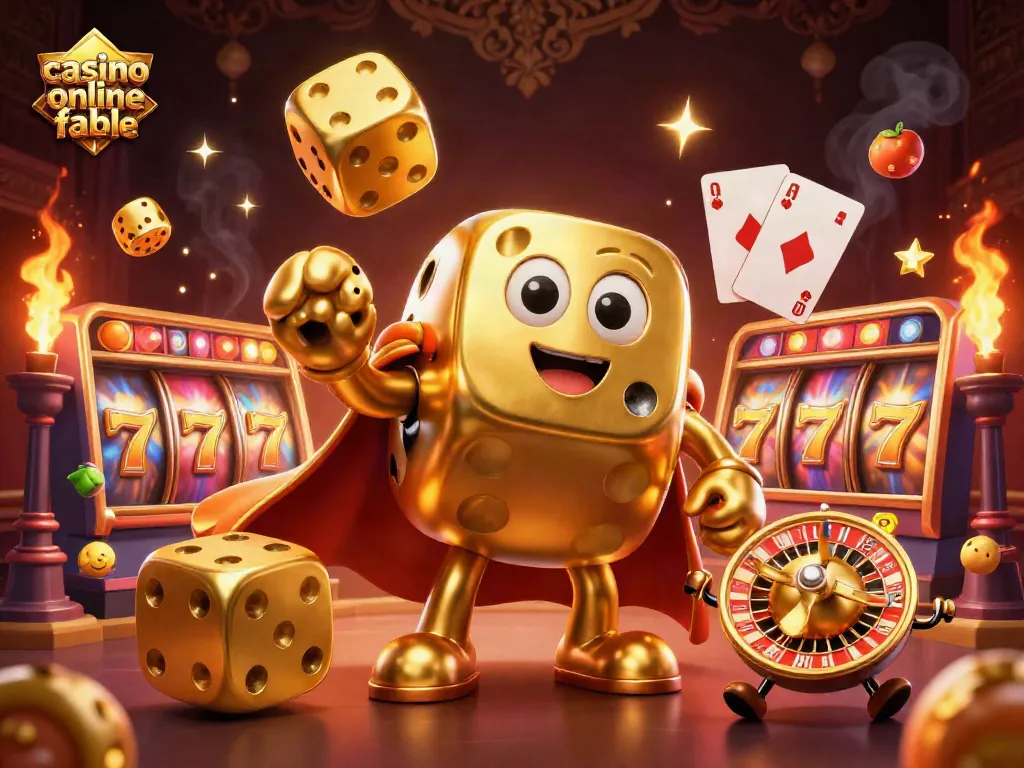 Juega en un casino online fiable con tragamonedas brillantes y un golem de dados dorados.
