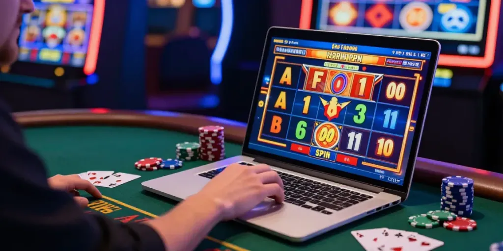 Permainan slot777 yang menarik dengan pemain bersemangat di mesin slot digital.