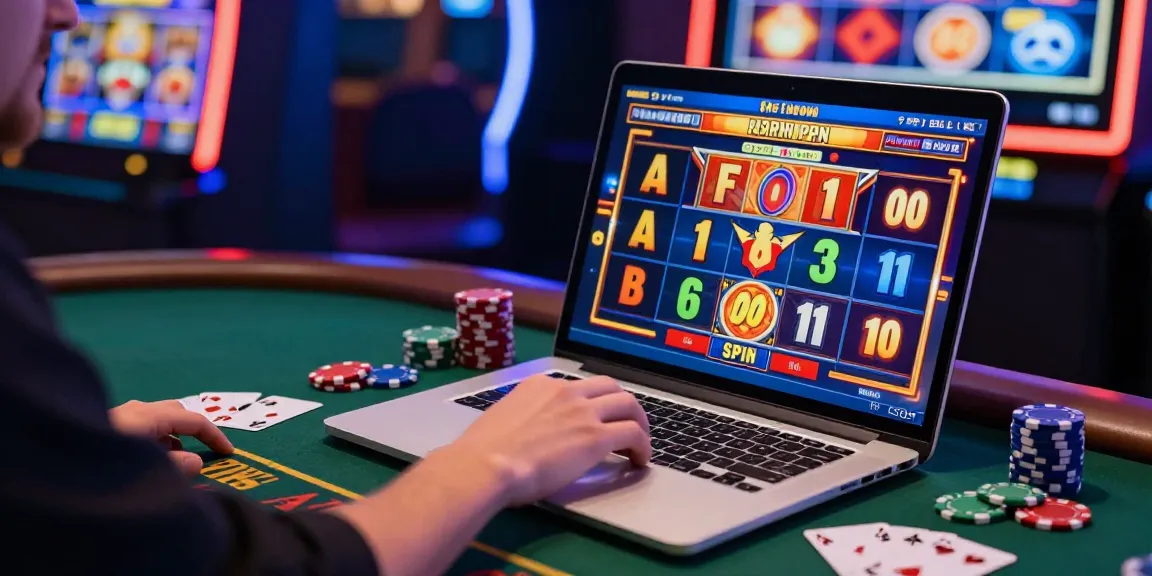 Permainan slot777 yang menarik dengan pemain bersemangat di mesin slot digital.