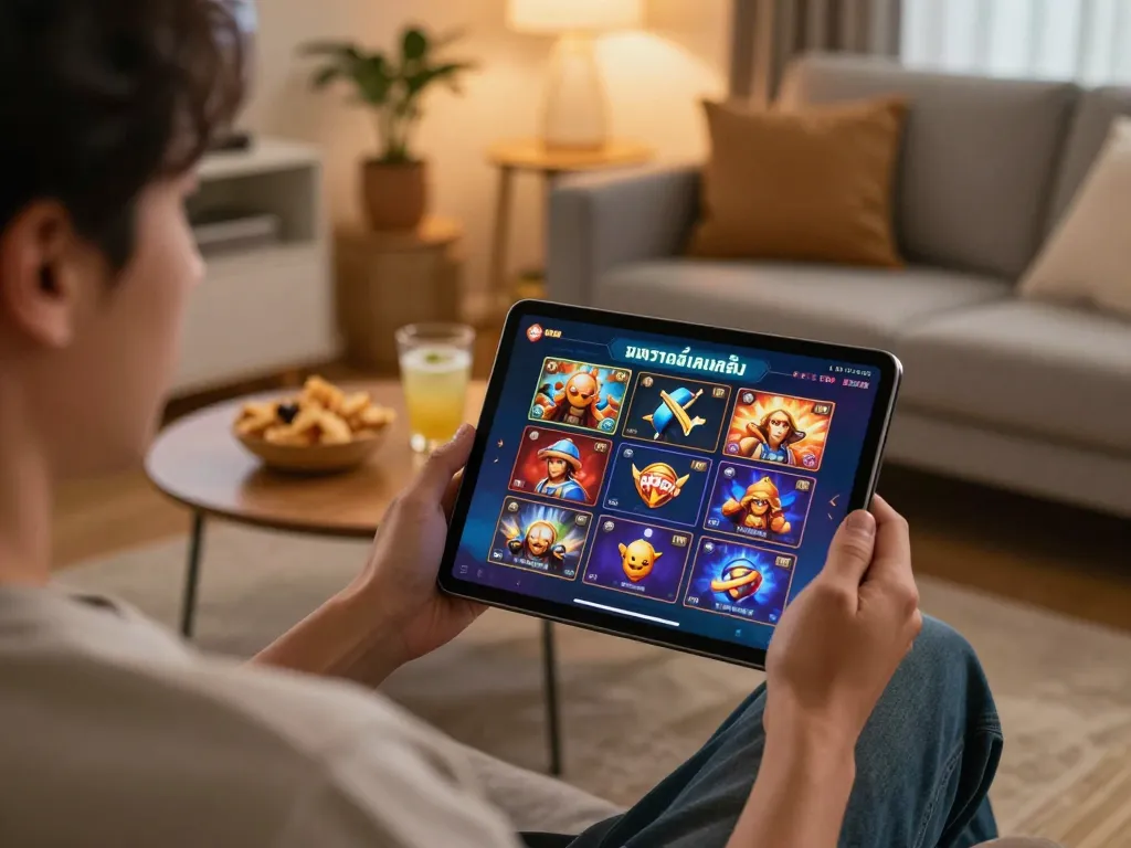 Engaging with ทดลองเล่นสล็อต in cozy home setup, showcasing vibrant online gaming interface on tablet.
