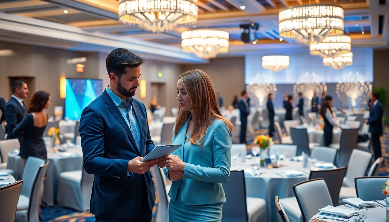 Professional corporate event planners coordinating an event showcasing engagement and precision.