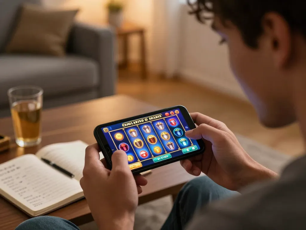 Player enjoying slot gacor siang ini on mobile device, showcasing engaging online gaming experience in a cozy setting