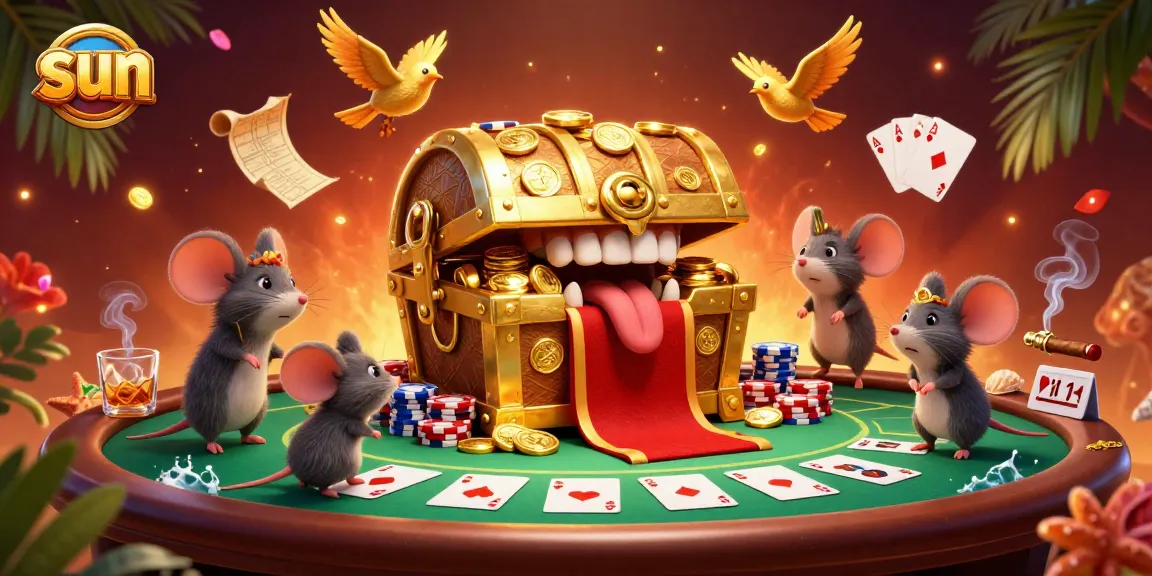 Experience thrilling casino adventures with Sun's treasure chest and poker elements in this vibrant illustration.