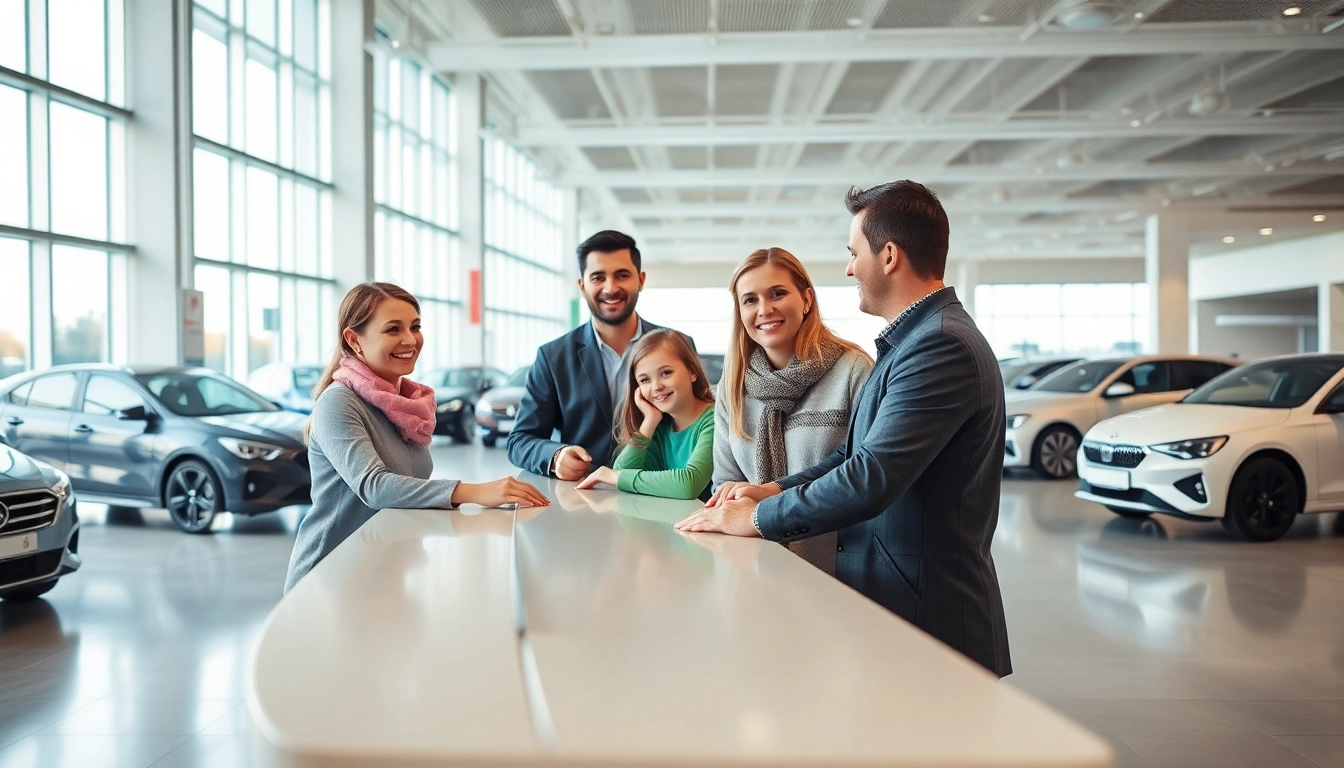 Rent a car Chisinau in a modern rental office with a family happily receiving assistance.