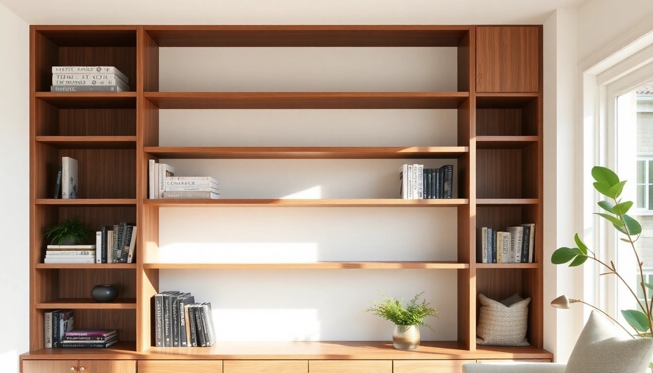 Showcase built-in shelving contractor westchester with elegant wood shelves in a stylish home setting.