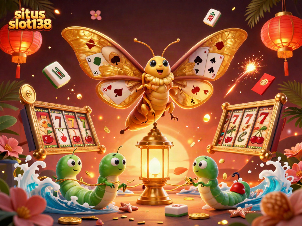 Experience situs slot138's vibrant casino scene with spinning slots and golden moth illustrations.