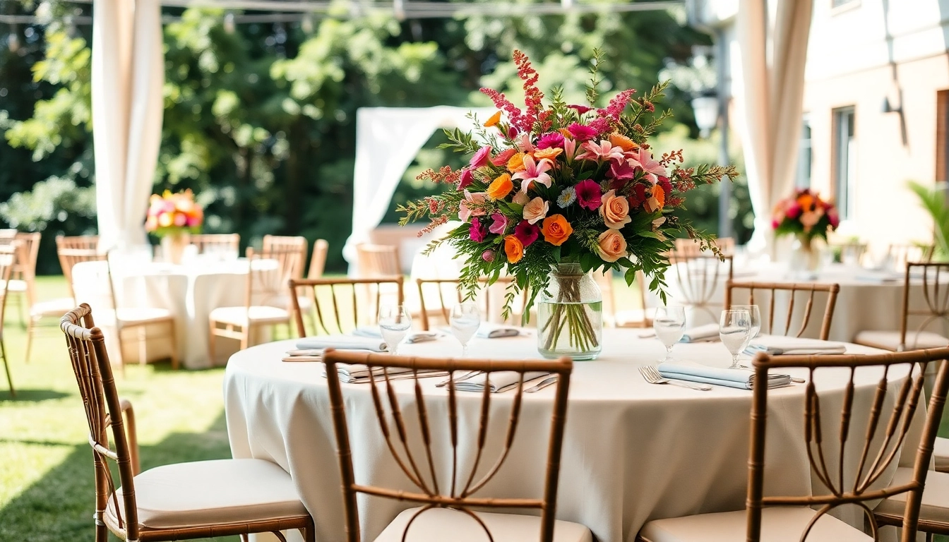 Elegant table & chair rentals arranged beautifully for an outdoor event.