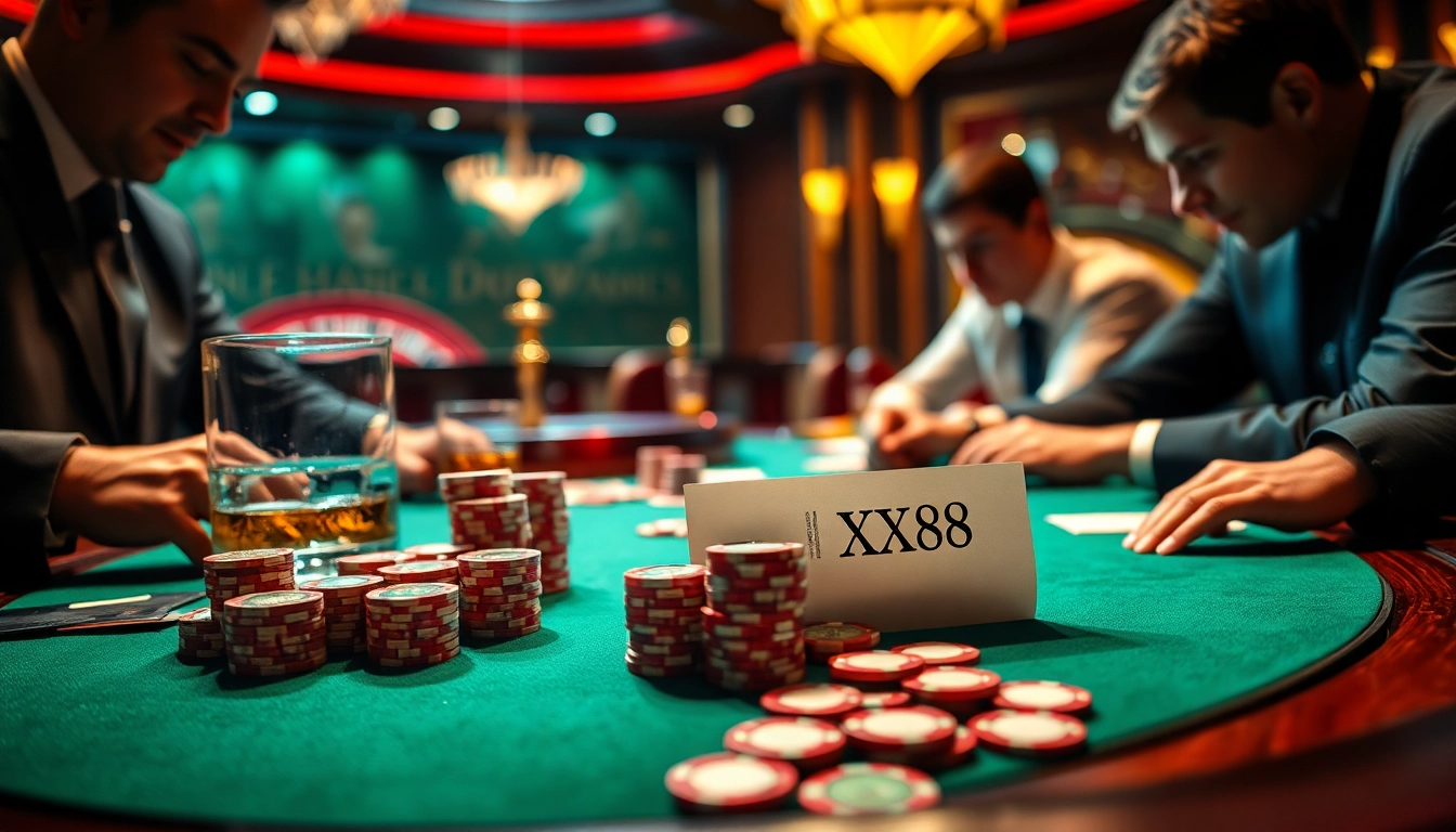 Experience the thrill of poker at XX88 as players strategize their winning moves with chips at a luxurious casino table.