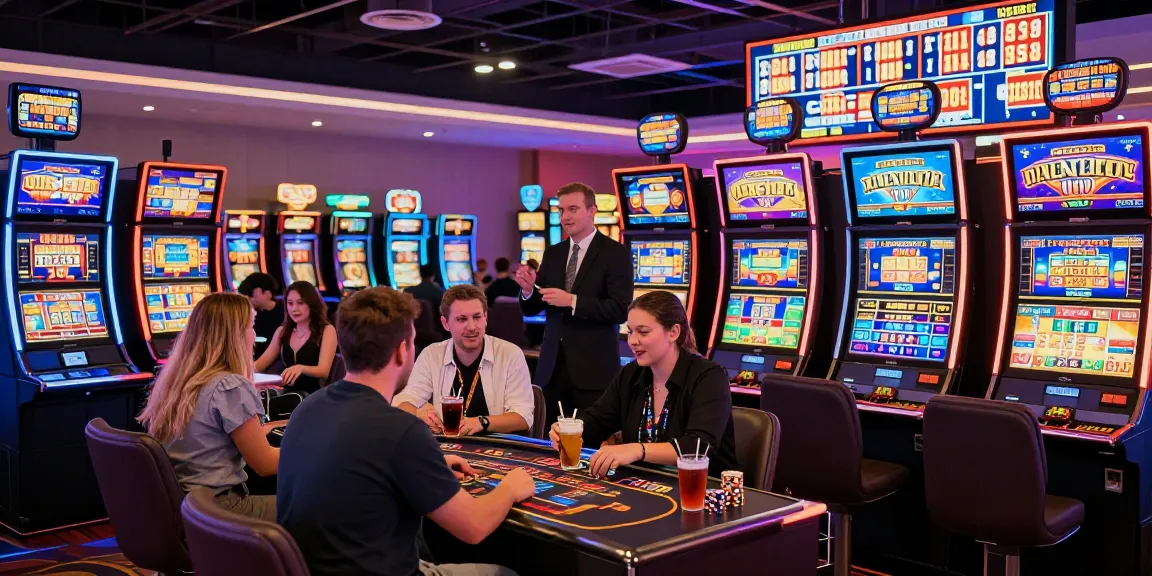 Exciting casino scene with players at slot gacor machines, colorful lights and engaging atmosphere.