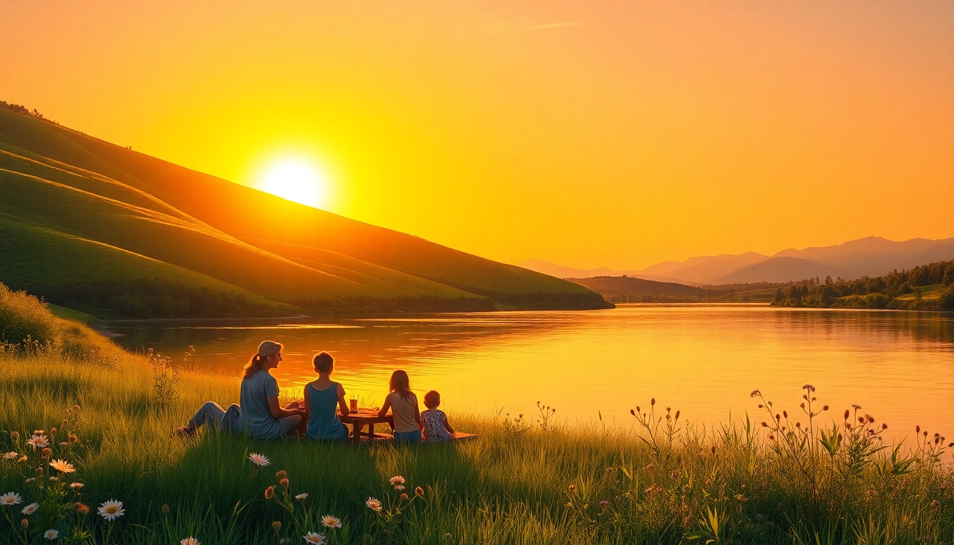Clarksburg landscape at sunset with family picnic by a tranquil lake.