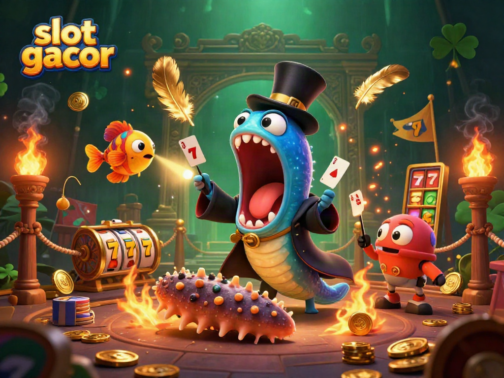 Ilustrasi slot gacor dengan karakter laut melakukan trik sulap dikelilingi elemen kasino, memikat perhatian pemain.
