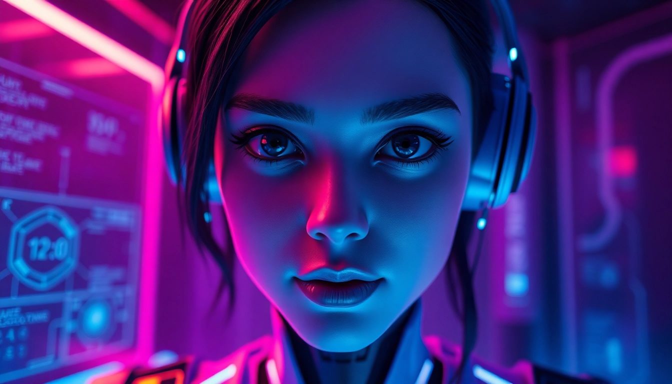 Engaging NSFW character AI in a futuristic digital setting, showcasing interactive interfaces and an inviting atmosphere.