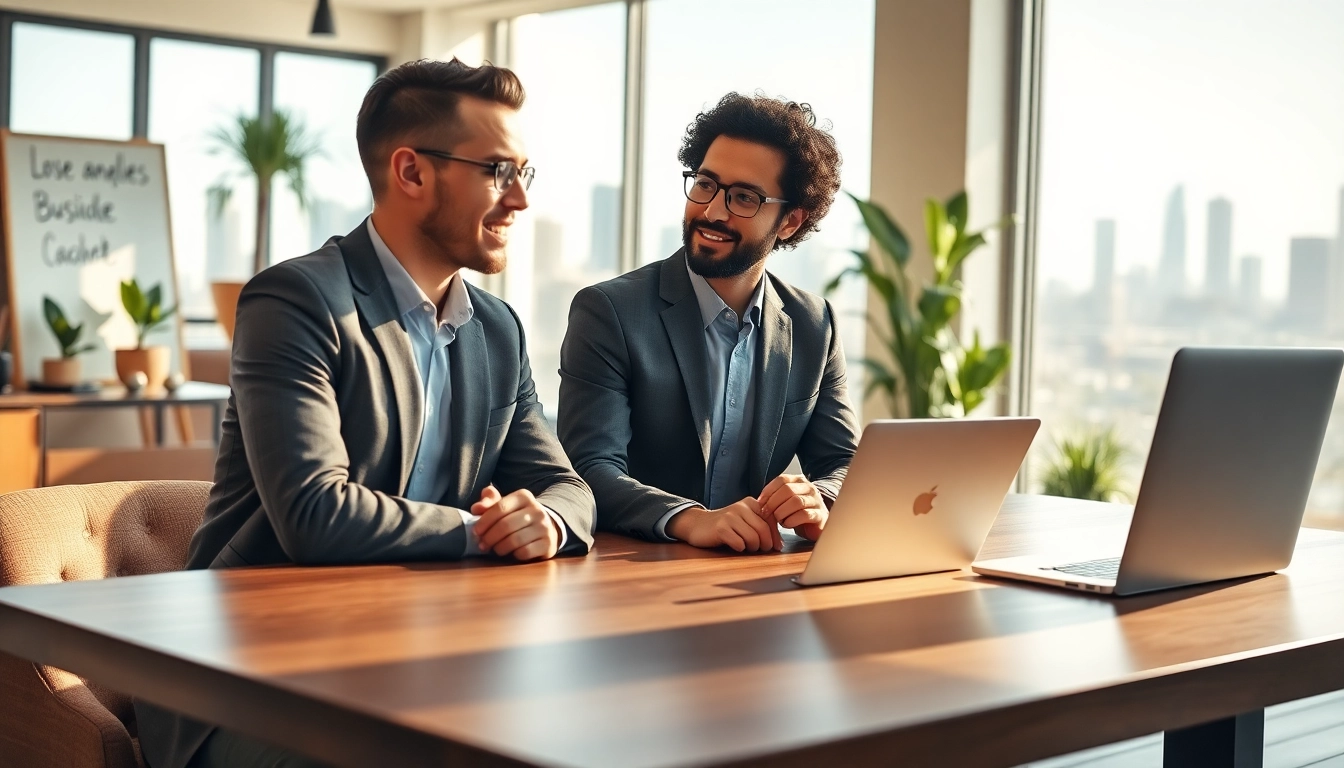 Empowered business coach in Los Angeles guiding clients to success in a bright office.