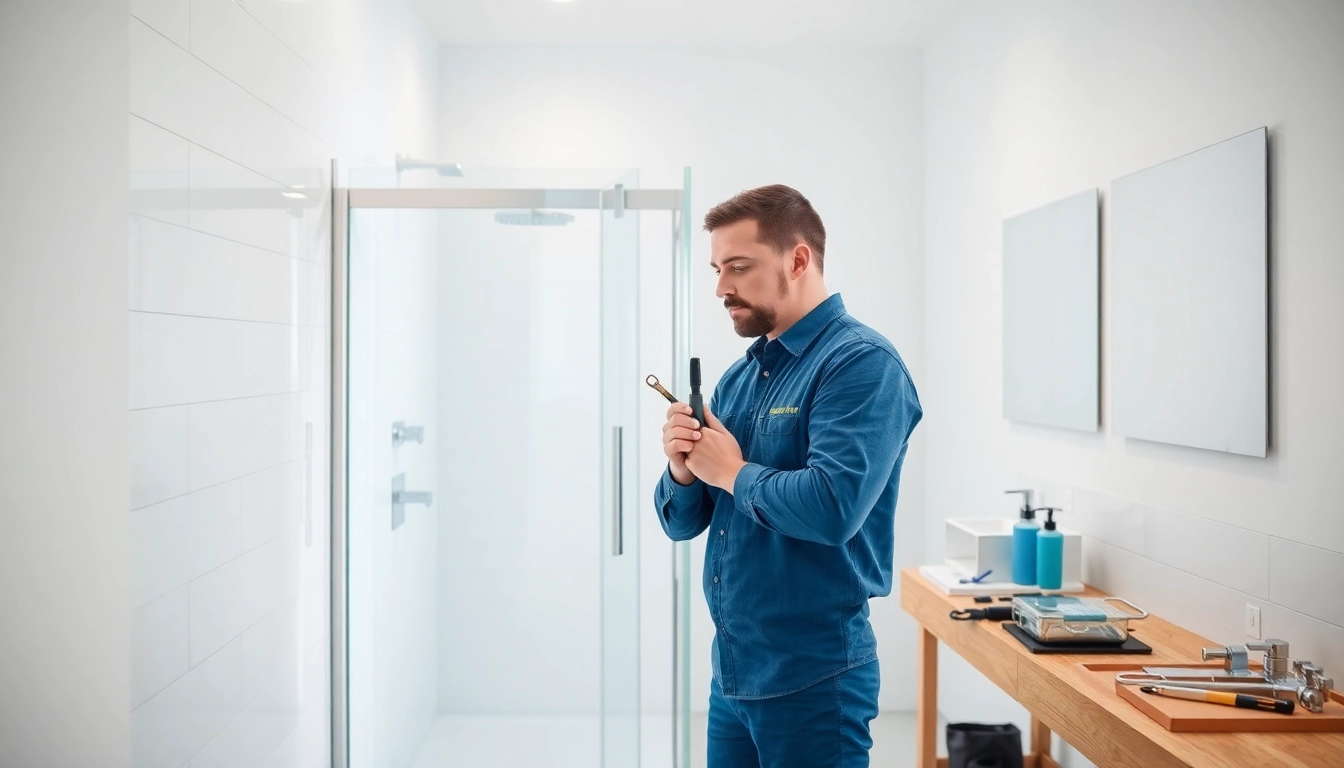 Shower fitter installing a sleek shower unit in a modern bathroom with bright, natural lighting.