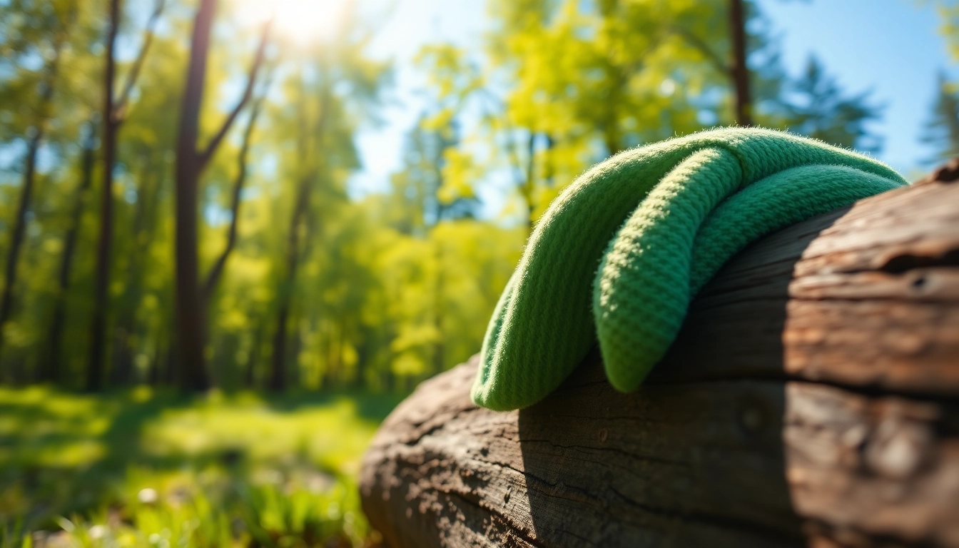 Stijlvolle geodkope fleece jas op een boomstronk in een groene bosomgeving.