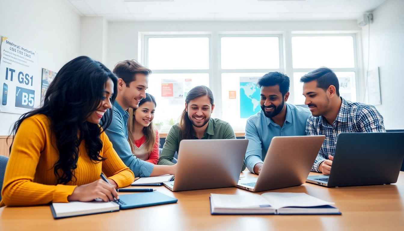 Group studying together to pass IT certification exams in a bright classroom setting.