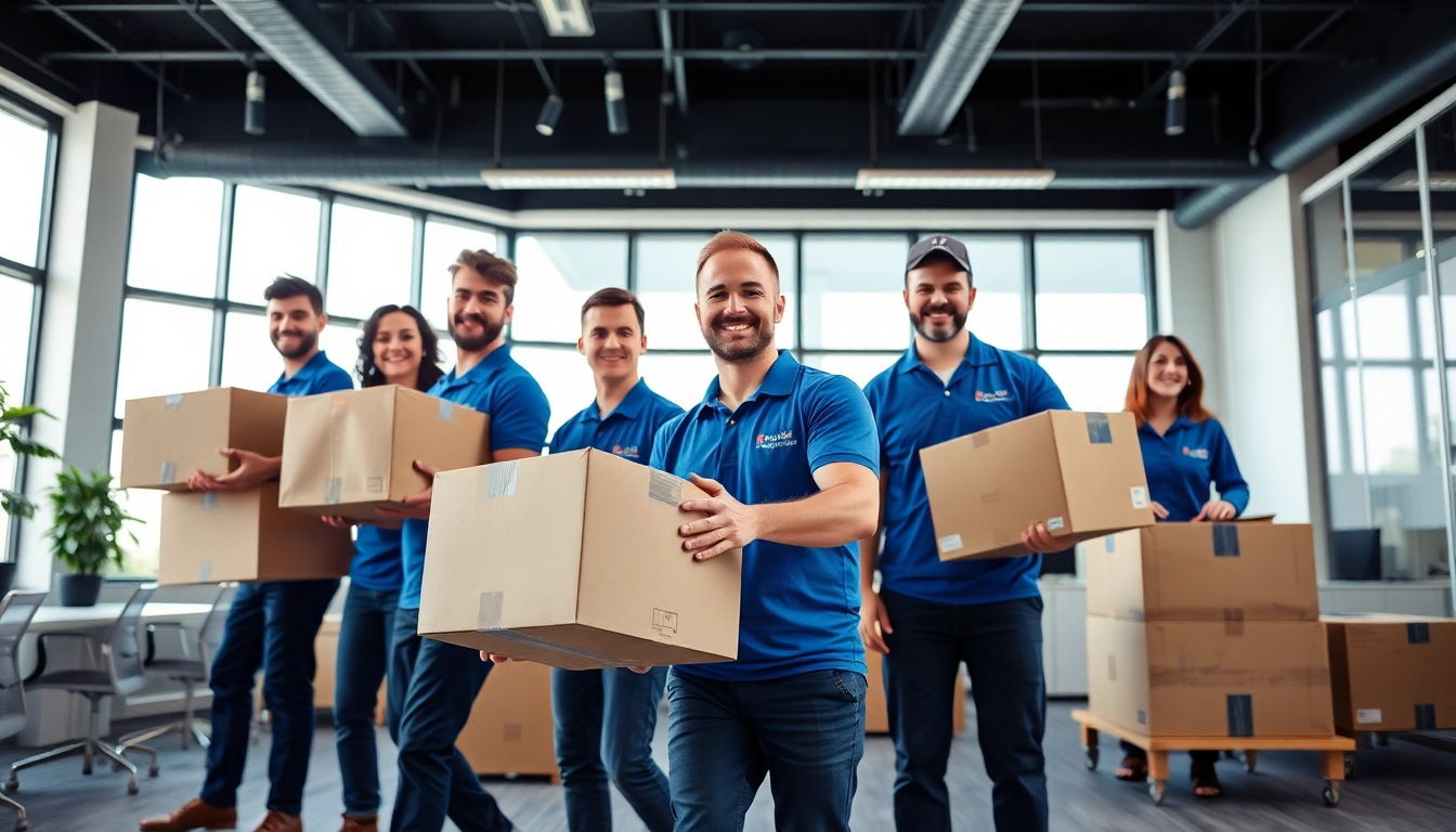 Experienced commercial movers efficiently packing an office space for relocation.