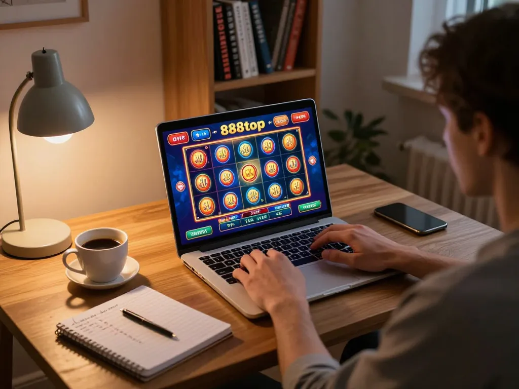 Player enjoying an online slot game on 888top in a cozy home setting, showcasing responsible gaming practices.