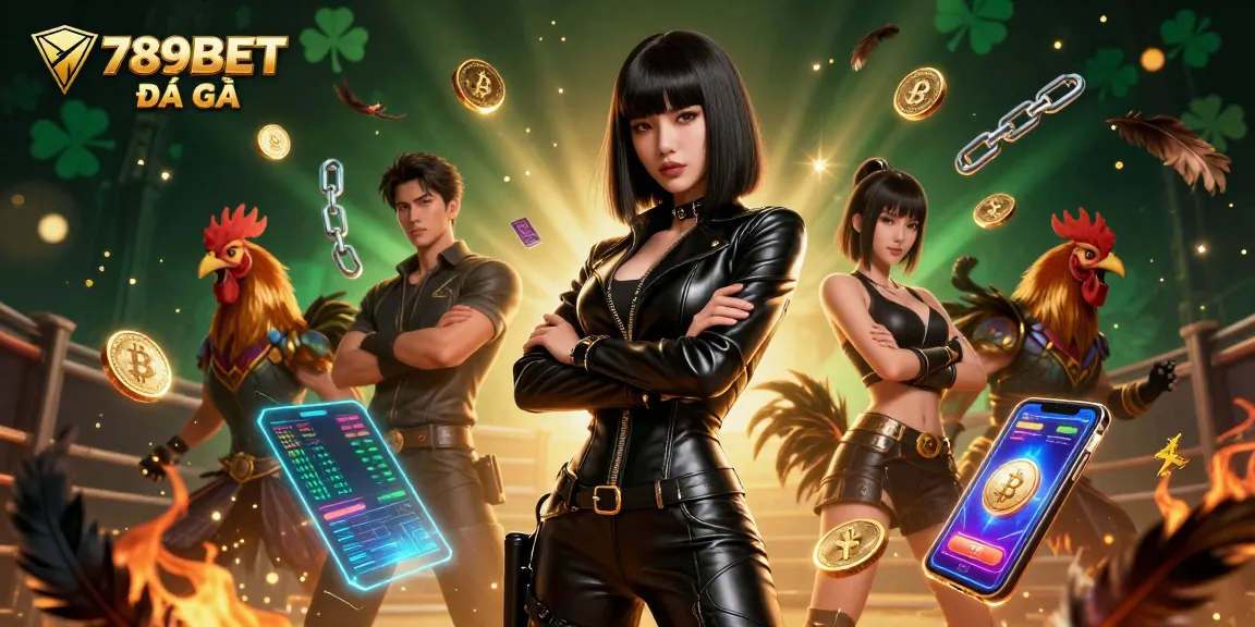 Engage with thrilling cockfighting action at 789BET ĐÁ GÀ featuring a stunning Asian woman amidst dynamic elements.