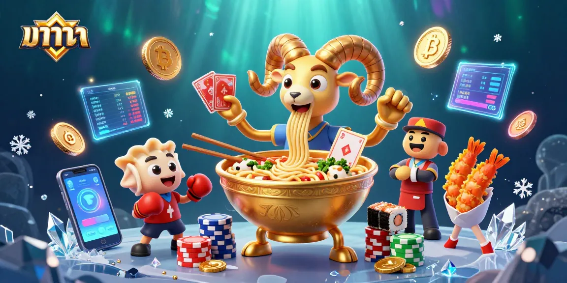 Experience บาคาร่า action with a 3D ramen bowl dealer and crypto-themed elements in this illustrated casino scene.